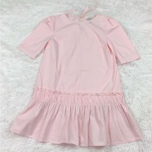 Anthropologie HD short sleeve poplin mini dress dropped waist ruffle skirt pink